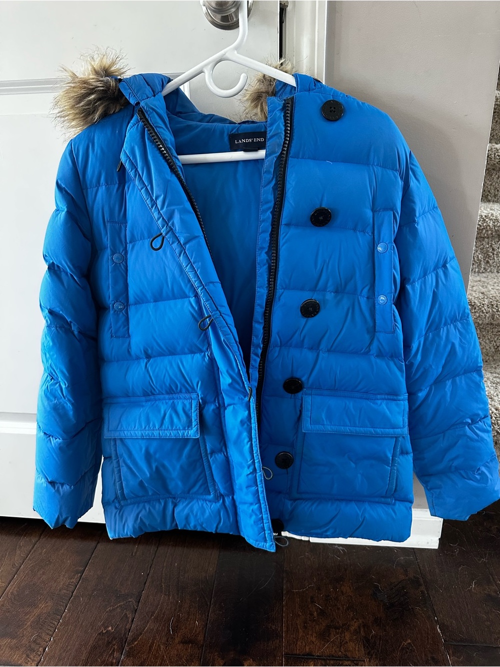 Lands' End Women’s Blue Puffer Coat with Faux Fur Hood - Zipper and Buttons